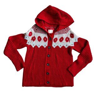 Old Navy Fair Isle Hooded Cardigan Sweater Women XL Wool Blend Y2K Hong Kong Red